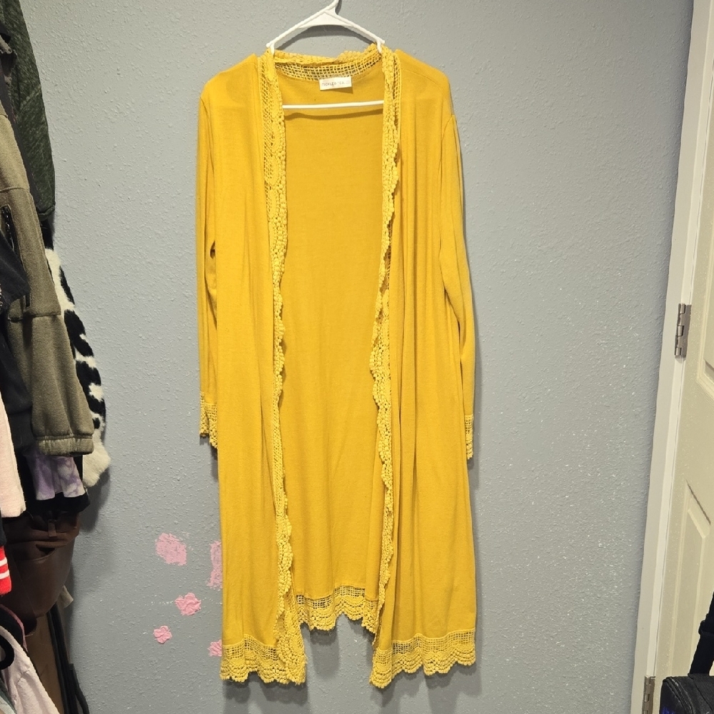 Tickled Teal Mustard Lace-Trimmed Women's Sweater